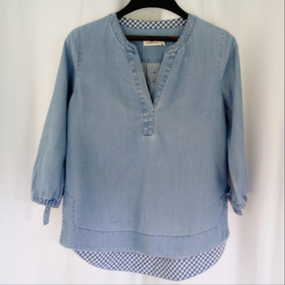 Vineyard Vines Chambray Blue Denim 3/4 Tie Sleeve Popover Top Sz S